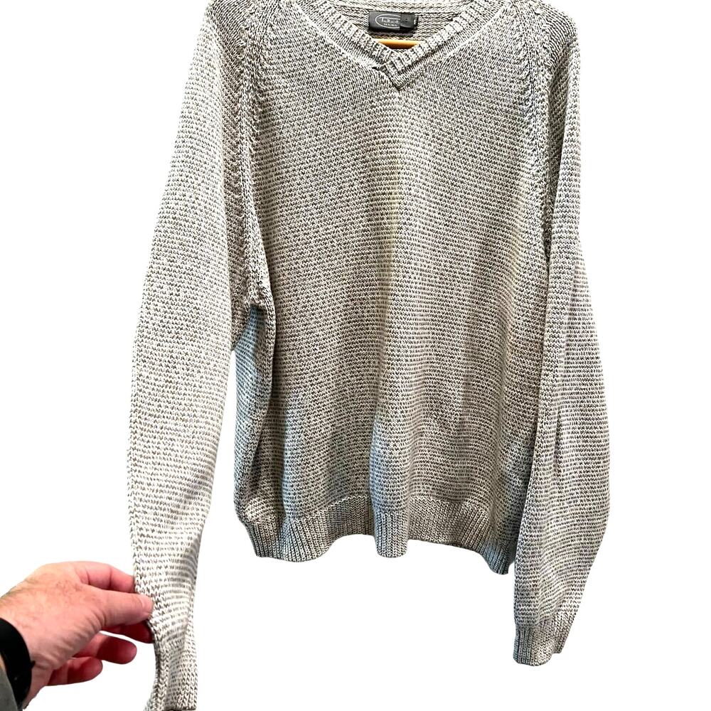 Talbot's Men's Sweater XL Blue/Brown Herringbone V-Neck 100% Cotton Vintage Ski